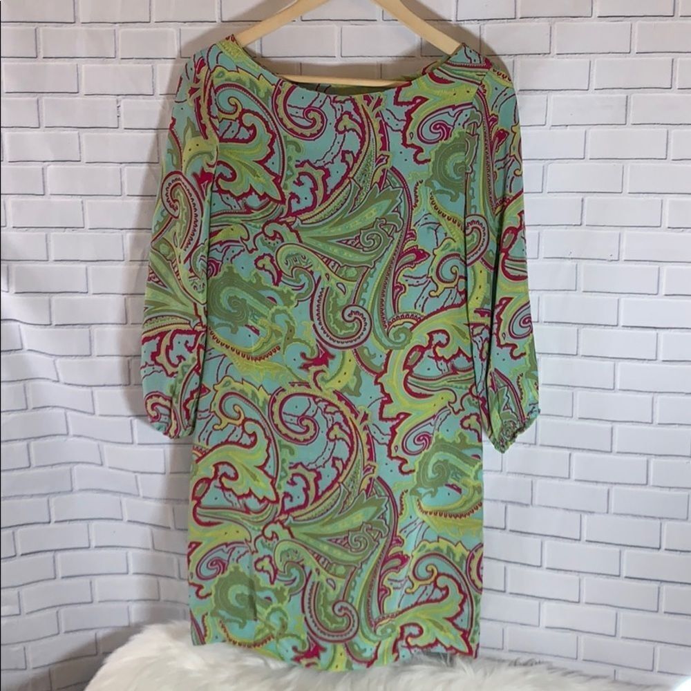 Amour Vert Green Paisley Print Silk Dress Sz‎ S